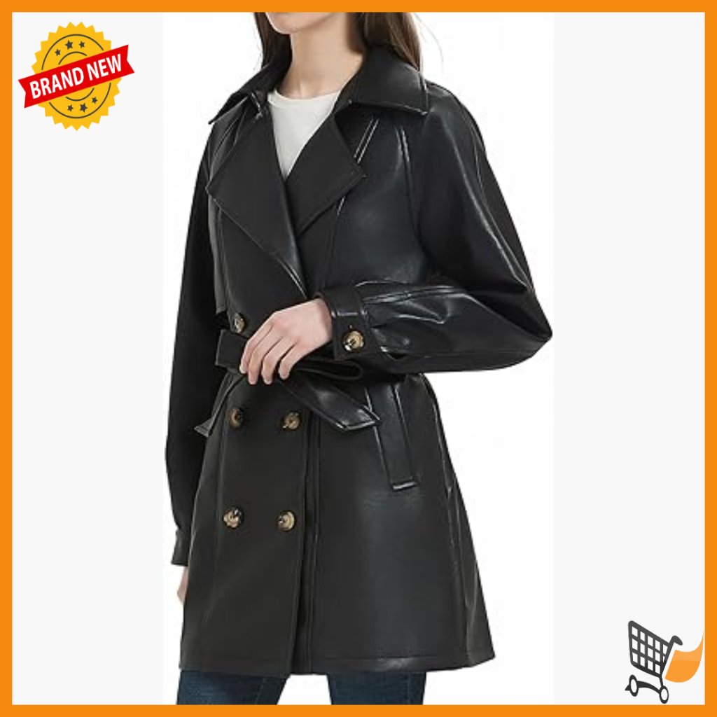 Faux Leather Blazer Jacket With Belt, Loose Fit, Long Sleeve, Mid Length